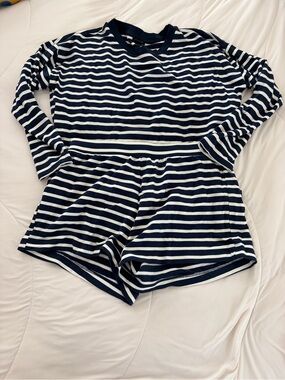 Navy and White Striped leisure Set - Long Sleeve Top & Shorts